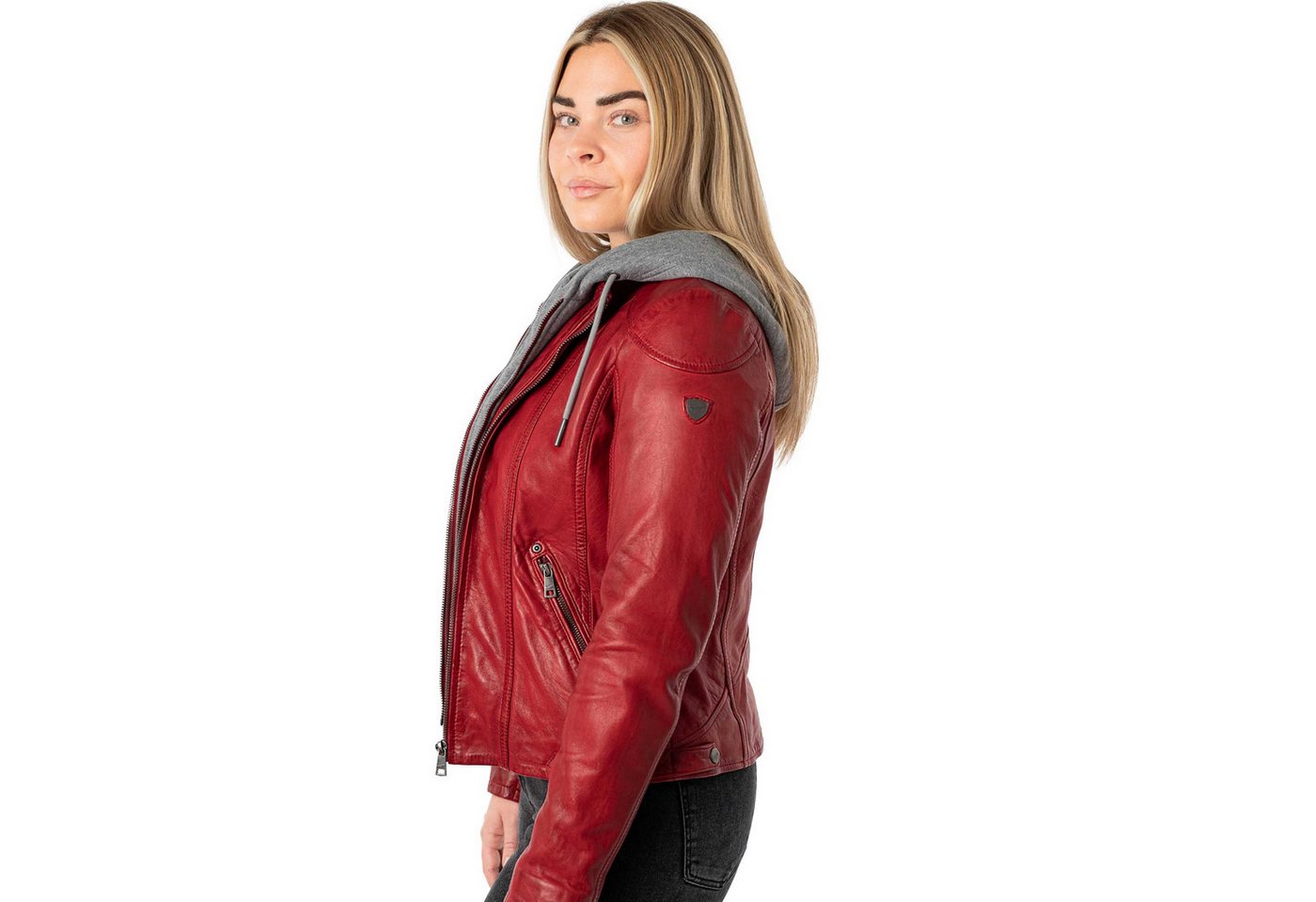 Mauritius Lederjacke MWAmmy Mauritius - Damen Lederjacke Lammnappa Kapuze rot – Bild 2 von 5