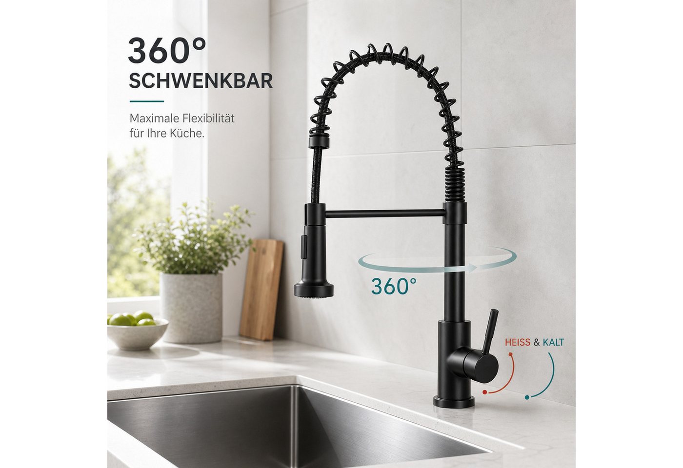 Ledklang Küchenarmatur Edelstahl ausziehbare Spültischarmatur 360°Drehfunktion 2 Strahlarten (1-St) sanft gleitend, praktisch für jeden Spültag Edelstahl 360° – Bild 5 von 5