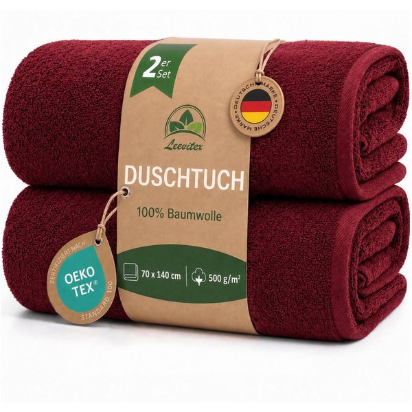 leevitex® Duschtücher 2er-Set, 70x140 cm, 100% Baumwolle, saugstark und fusselfrei, Frottee (Set, 2-St), OEKO-TEX® STANDARD 100 zertifiziert, gestreifte Bordüre
