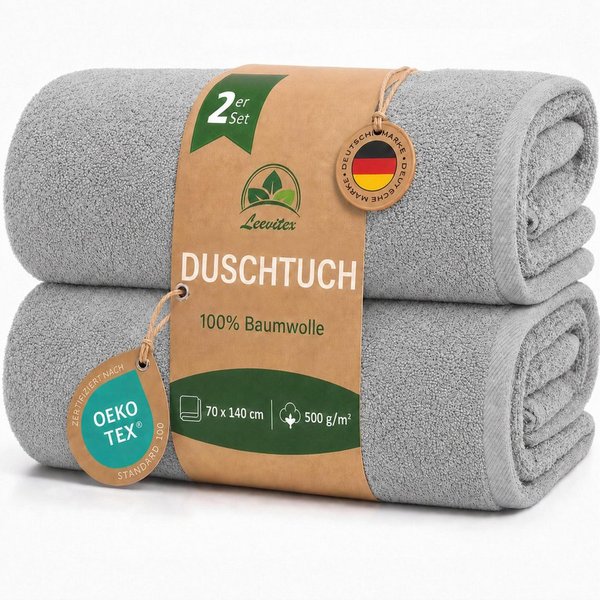 leevitex® Duschtücher 2er-Set, 70x140 cm, 100% Baumwolle, saugstark und fusselfrei, Frottee (Set, 2-St), OEKO-TEX® STANDARD 100 zertifiziert, gestreifte Bordüre