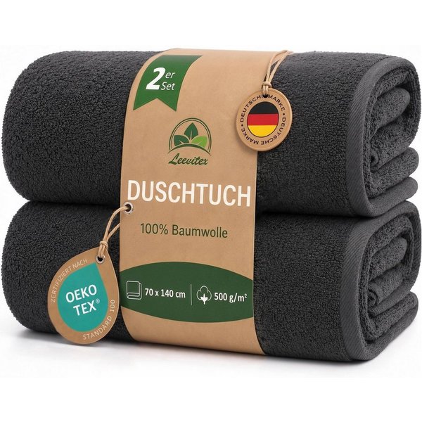 leevitex® Duschtücher 2er-Set, 70x140 cm, 100% Baumwolle, saugstark und fusselfrei, Frottee (Set, 2-St), OEKO-TEX® STANDARD 100 zertifiziert, gestreifte Bordüre