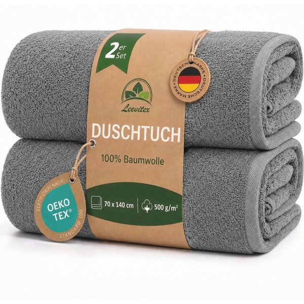 leevitex® Duschtücher 2er-Set, 70x140 cm, 100% Baumwolle, saugstark und fusselfrei, Frottee (Set, 2-St), OEKO-TEX® STANDARD 100 zertifiziert, gestreifte Bordüre