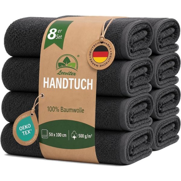leevitex® Handtücher 8er-Set, 50 × 100 cm, aus 100% Baumwolle, Anthrazit, Frottee (Set, 8-St), OEKO-TEX® STANDARD 100 zertifiziert und hochwertig verarbeitet