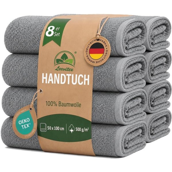 leevitex® Handtücher 8er-Set, 50 × 100 cm, aus 100% Baumwolle, Grau, Frottee (Set, 8-St), OEKO-TEX® STANDARD 100 zertifiziert und hochwertig verarbeitet