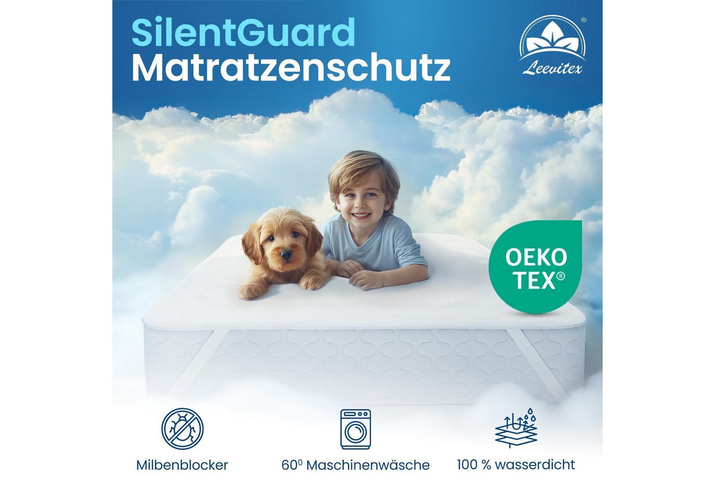 Matratzenschoner wasserdicht, atmungsaktiv & geräuscharm – mit Eckgummis bis 35 cm leevitex®, waschbar bei 60°C und trocknergeeignet – Bild 2 von 5