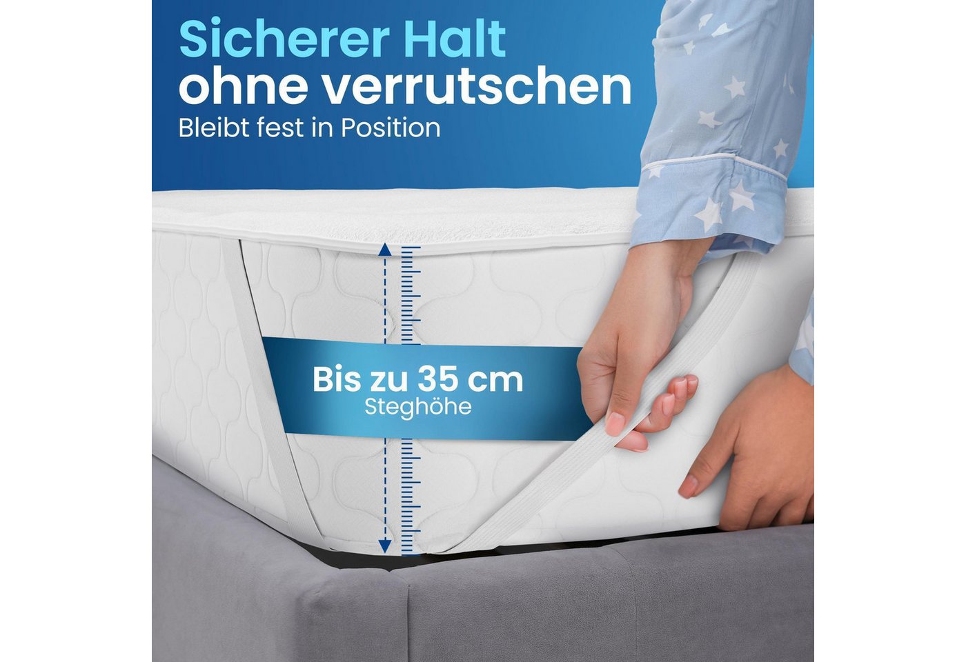 Matratzenschoner wasserdicht, atmungsaktiv & geräuscharm – mit Eckgummis bis 35 cm leevitex®, waschbar bei 60°C und trocknergeeignet – Bild 5 von 5