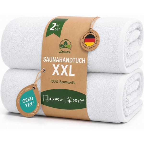 leevitex® Saunatuch, 80x200 cm, 100% Baumwolle, saugstark und fusselfrei, Frottee (Set, 2-St), OEKO-TEX® STANDARD 100 zertifiziert, gestreifte Bordüre