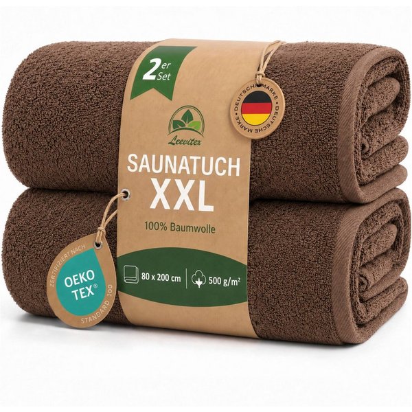 leevitex® Saunatuch, 80x200 cm, 100% Baumwolle, saugstark und fusselfrei, Frottee (Set, 2-St), OEKO-TEX® STANDARD 100 zertifiziert, gestreifte Bordüre