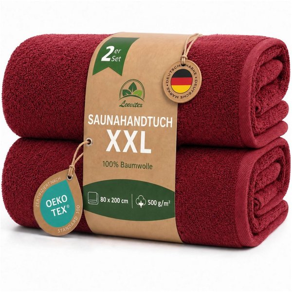 leevitex® Saunatuch, 80x200 cm, 100% Baumwolle, saugstark und fusselfrei, Frottee (2-St), OEKO-TEX® STANDARD 100 zertifiziert, gestreifte Bordüre