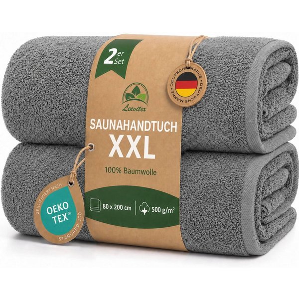 leevitex® Saunatuch, 80x200 cm, 100% Baumwolle, saugstark und fusselfrei, Frottee (Set, 2-St), OEKO-TEX® STANDARD 100 zertifiziert, gestreifte Bordüre