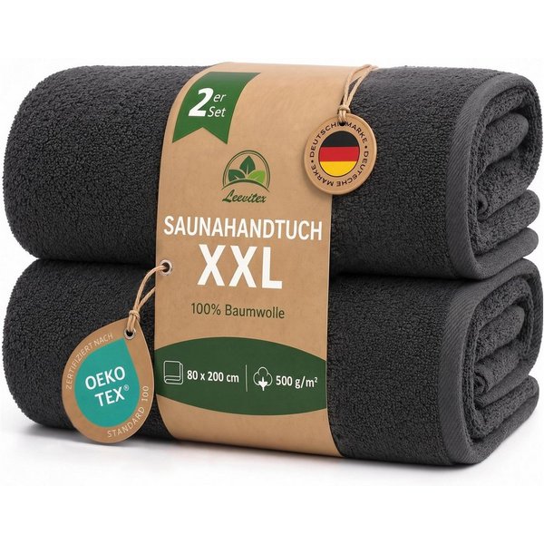 leevitex® Saunatuch, 80x200 cm, 100% Baumwolle, saugstark und fusselfrei, Frottee (Set, 2-St), OEKO-TEX® STANDARD 100 zertifiziert, gestreifte Bordüre