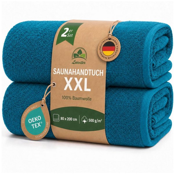 leevitex® Saunatuch, 80x200 cm, 100% Baumwolle, saugstark und fusselfrei, Frottee (Set, 2-St), OEKO-TEX® STANDARD 100 zertifiziert, gestreifte Bordüre
