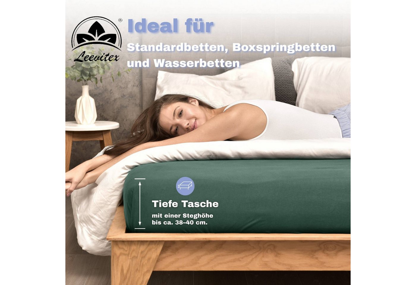 leevitex® Spannbettlaken 1er-Pack, Stoffgewicht 150 g/m², verschiedene Größen, 40 cm Steghöhe, Jersey, Gummizug: rundum, (1 Stück), verschiedene Farben, OEKO-TE – Bild 4 von 5