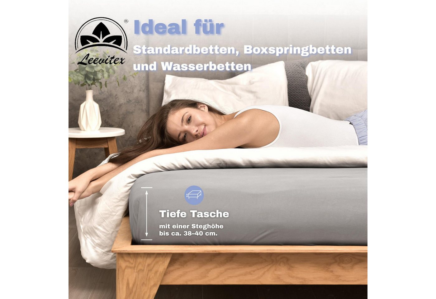 leevitex® Spannbettlaken 1er-Pack, Stoffgewicht 150 g/m², verschiedene Größen, 40 cm Steghöhe, Jersey, Gummizug: rundum, (1 Stück), verschiedene Farben, OEKO-TE – Bild 4 von 5