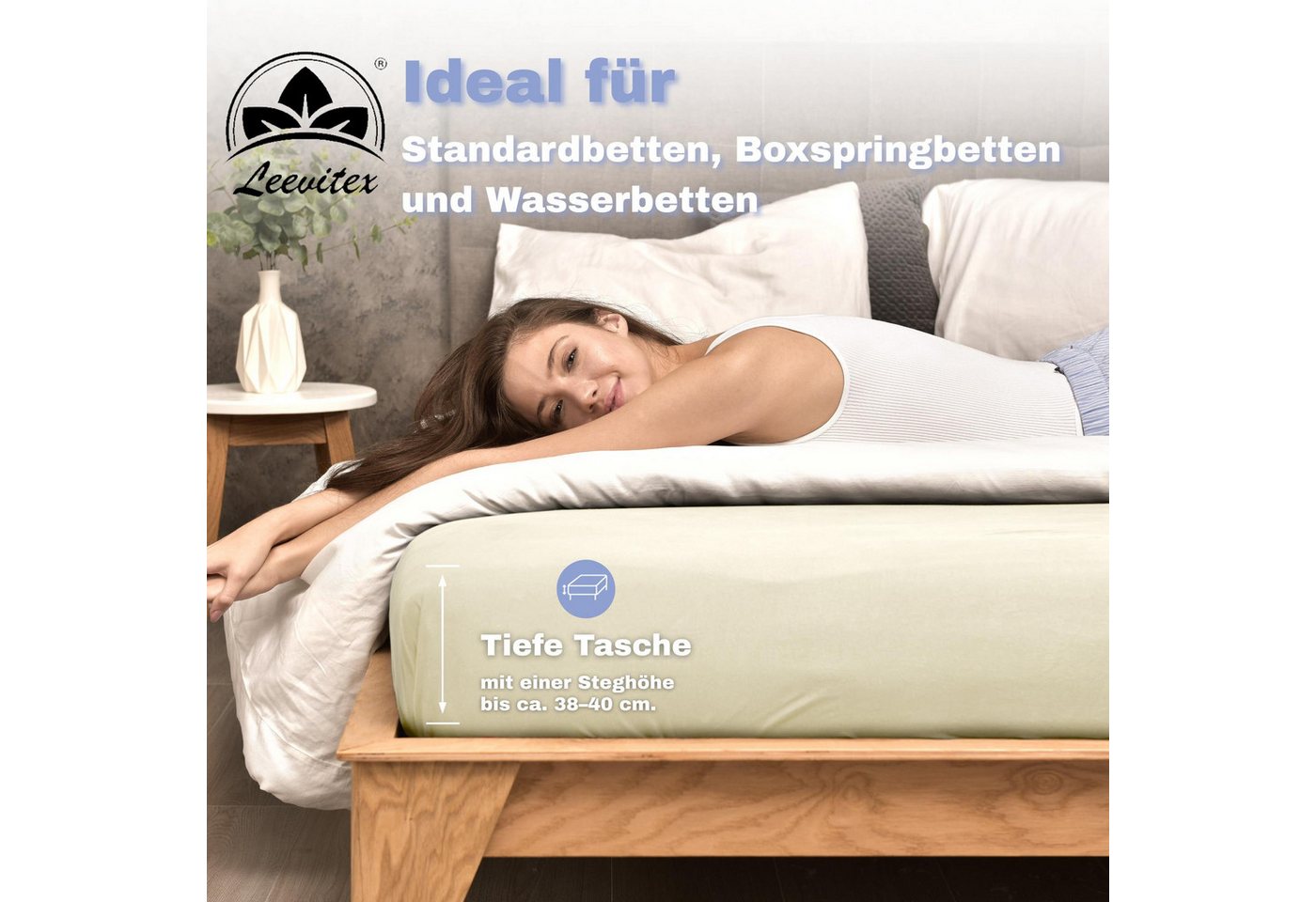 leevitex® Spannbettlaken 2er-Pack, Stoffgewicht 150 g/m², verschiedene Größen, 40 cm Steghöhe, Jersey, Gummizug: rundum, (2 Stück), verschiedene Farben, OEKO-TE – Bild 5 von 5
