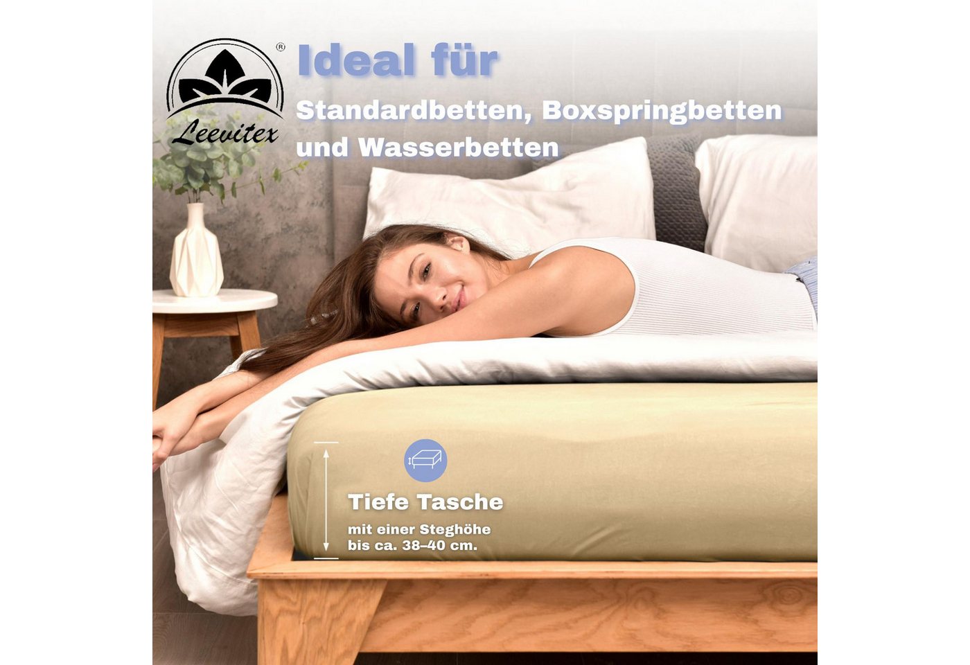 leevitex® Spannbettlaken 2er-Pack, Stoffgewicht 150 g/m², verschiedene Größen, 40 cm Steghöhe, Jersey, Gummizug: rundum, (2 Stück), verschiedene Farben, OEKO-TE – Bild 4 von 5