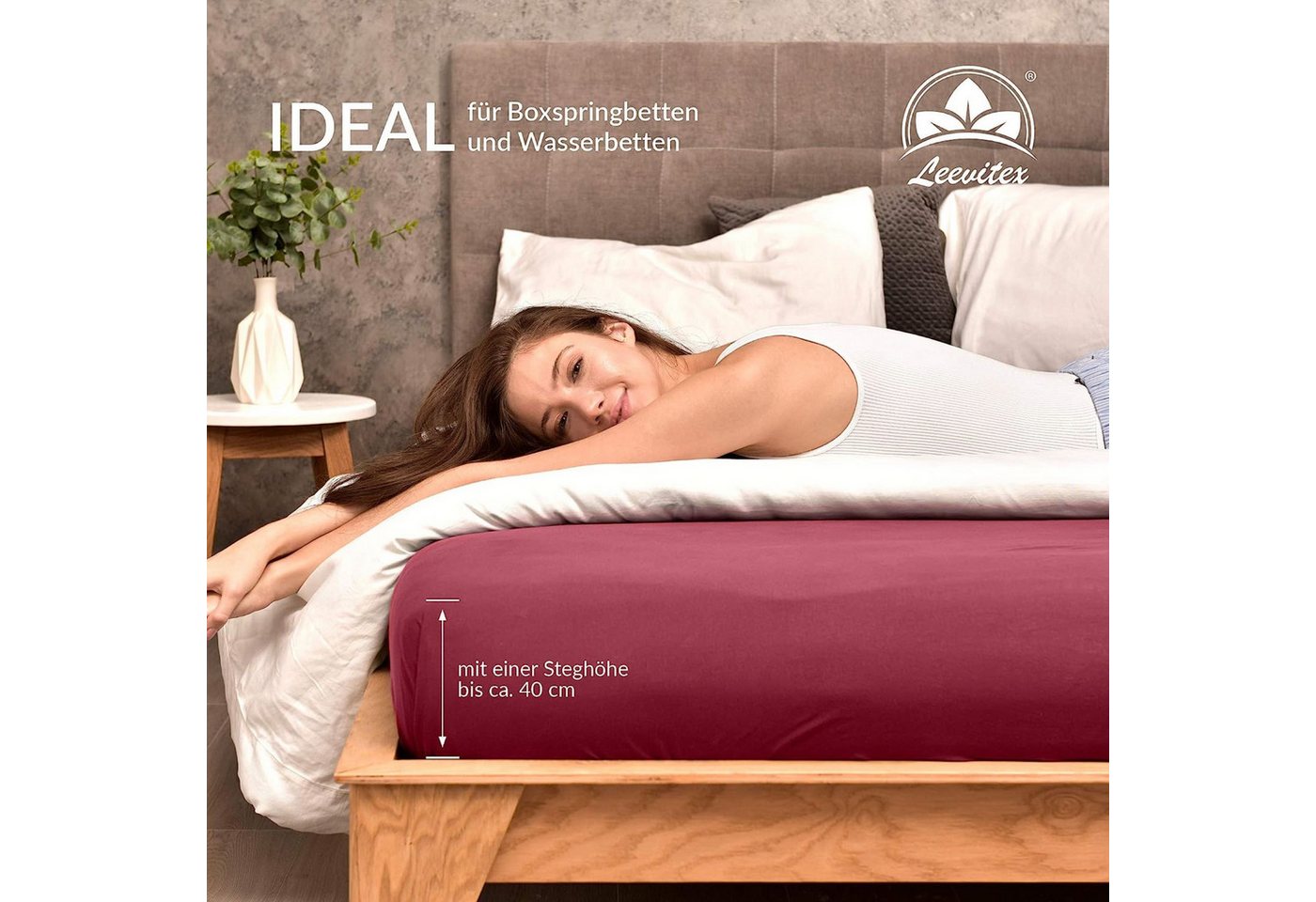 leevitex® Spannbettlaken Premium, verschiedene Größen, Stoffgewicht 195 g/m², 40 cm Steghöhe, Jersey-Elasthan, Gummizug: rundum, (1 Stück), verschiedene Farben, – Bild 4 von 5