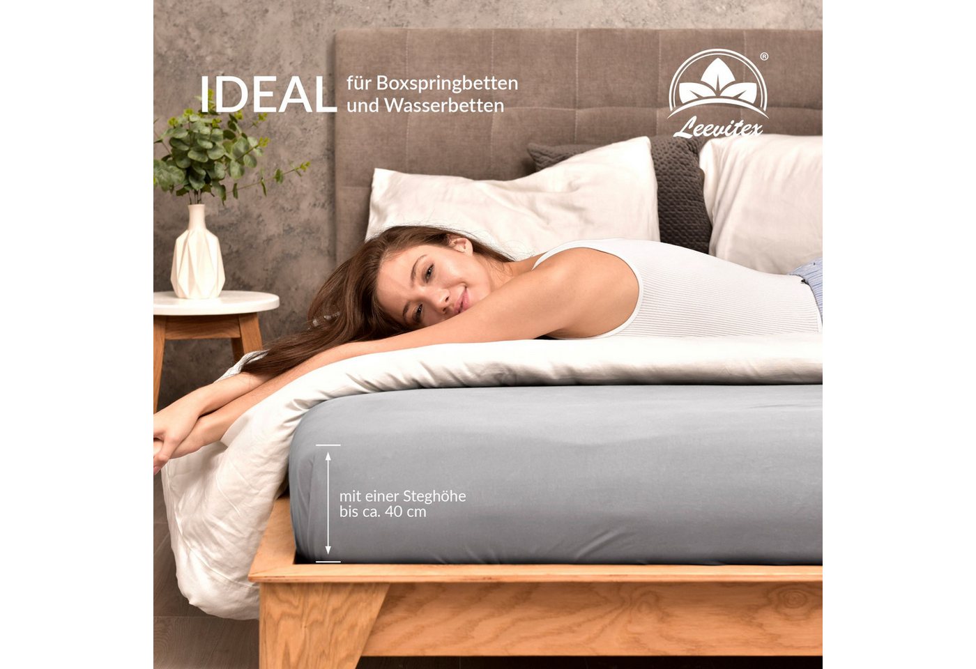 leevitex® Spannbettlaken Premium, verschiedene Größen, Stoffgewicht 195 g/m², 40 cm Steghöhe, Jersey-Elasthan, Gummizug: rundum, (1 Stück), verschiedene Farben, – Bild 4 von 5
