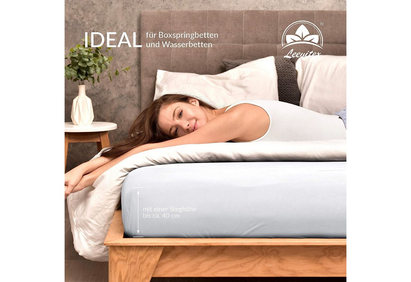 leevitex® Spannbettlaken Premium, verschiedene Größen, Stoffgewicht 195 g/m², 40 cm Steghöhe, Jersey-Elasthan, Gummizug: rundum, (1 Stück), verschiedene Farben, – Bild 4 von 5