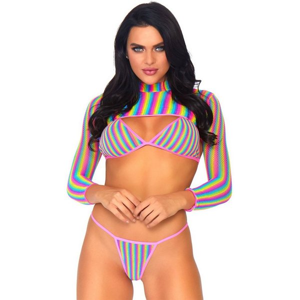 Leg Avenue Set: Bügelloser BH Netz-Set: BH, Crop-Top und String - Regenbogenfarben (3-tlg) transparent
