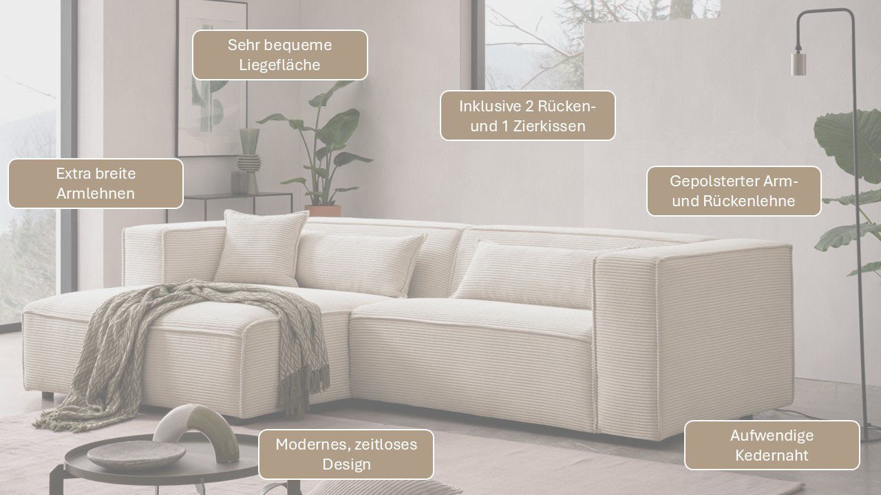 LeGer Home by Lena Gercke Ecksofa PIARA Leinenoptik mit Kedernaht L-Form, wahlweise Ottomane rechts/links, schwarze Füße, bequemer Sitzkomfort – Bild 3 von 5