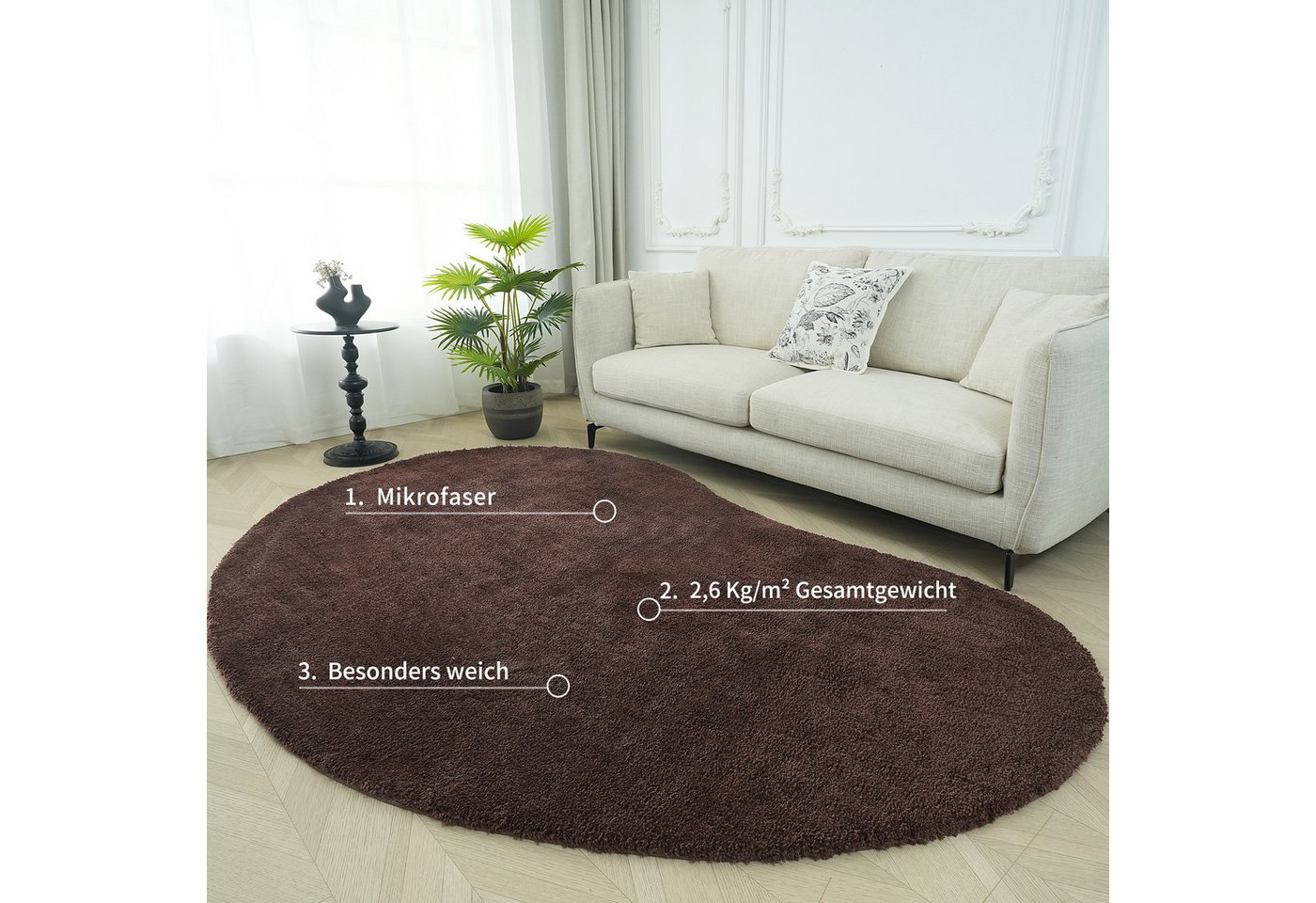 LeGer Home by Lena Gercke Hochflor-Teppich Halrum, einfarbig, besondere Form, modern, U-förmig, Höhe: 25 mm, organische Form, bean shape, kuschelig, Wohnzimmer, – Bild 5 von 5