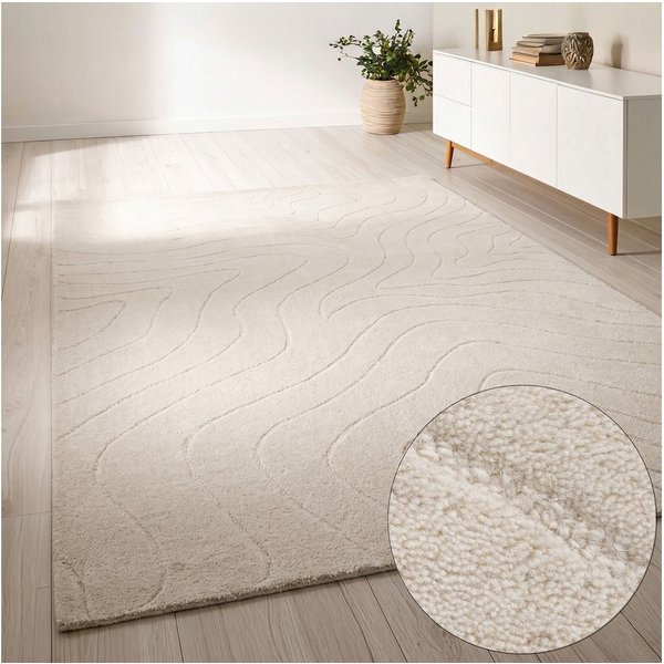 LeGer Home by Lena Gercke Wollteppich Zarrah, mit Wellendesign, Linienmuster, rechteckig, Höhe: 14 mm, reine Wolle, modern, Scandi, Wohnzimmer, Schlafzimmer, Es