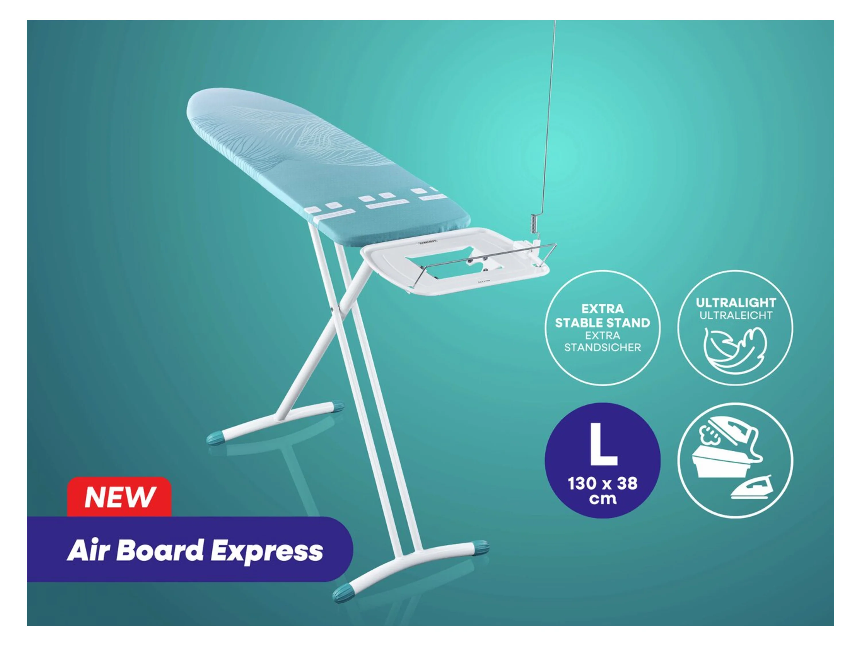 Leifheit Bügelbrett Bügeltisch Air Board Express L Solid, Bügelfläche 38.0x130.0 cm, Höhenverstellbar, Bügelfläche 130 x 38 cm, ideal für Dampfstationen – Bild 4 von 4