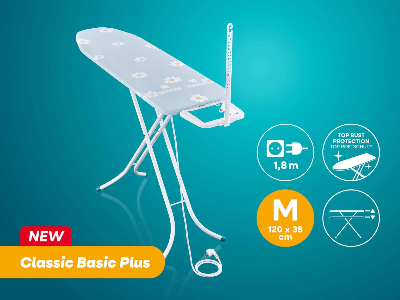 Leifheit Bügelbrett Bügeltisch Classic M Basic Plus, Bügelfläche 38.0x120.0 cm, Höhenverstellbar, 120 x 38 cm Bügelfläche, feste Bügeleisenablage – Bild 2 von 5
