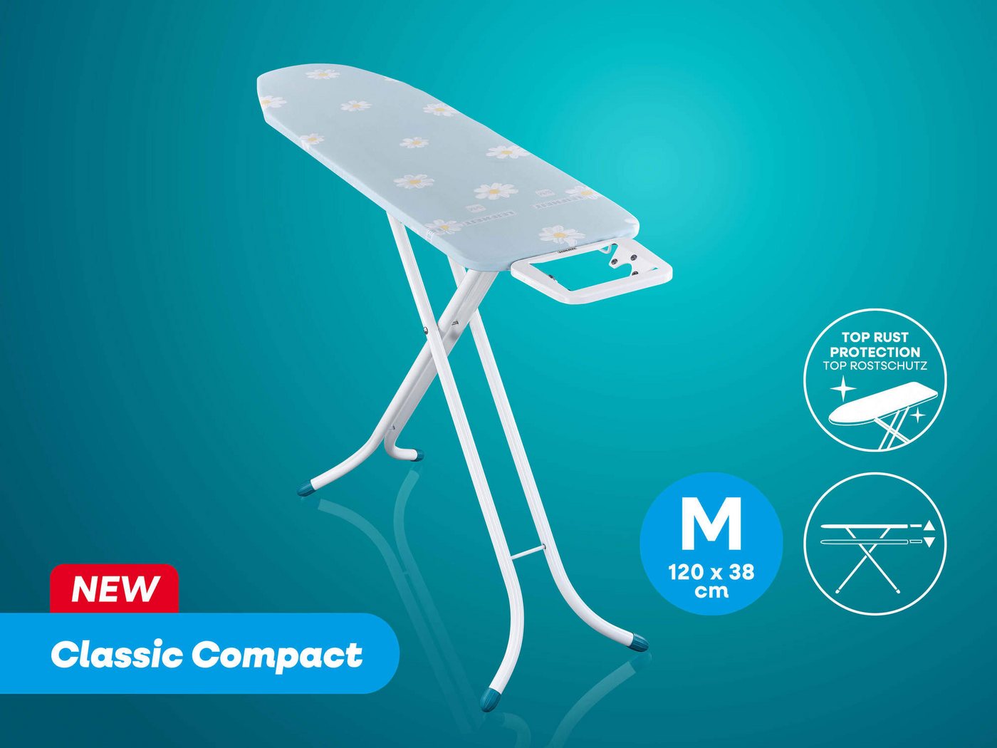 Leifheit Bügelbrett Bügeltisch Classic M Compact, Bügelfläche 38.0x120.0 cm, Höhenverstellbar, Bügelfläche 120 x 38 cm, feste Bügeleisenablage – Bild 2 von 5