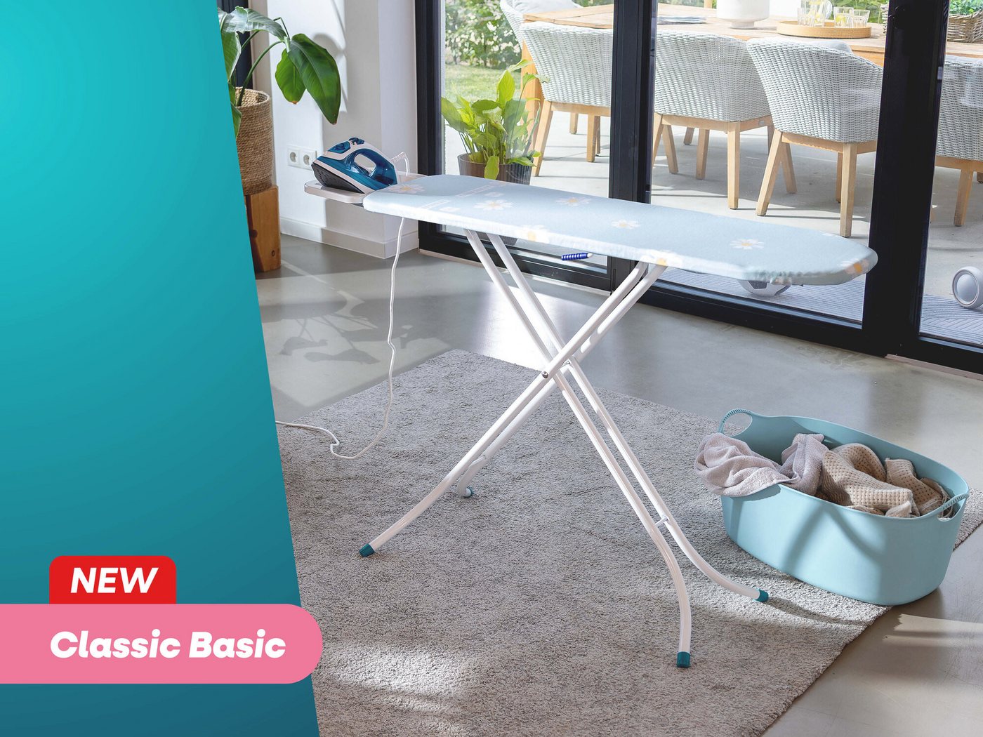 Leifheit Bügelbrett Bügeltisch Classic S Basic, Bügelfläche 30.0x110.0 cm, Höhenverstellbar, 110 x 30 cm, feste Bügeleisenablage, florales Design – Bild 3 von 5