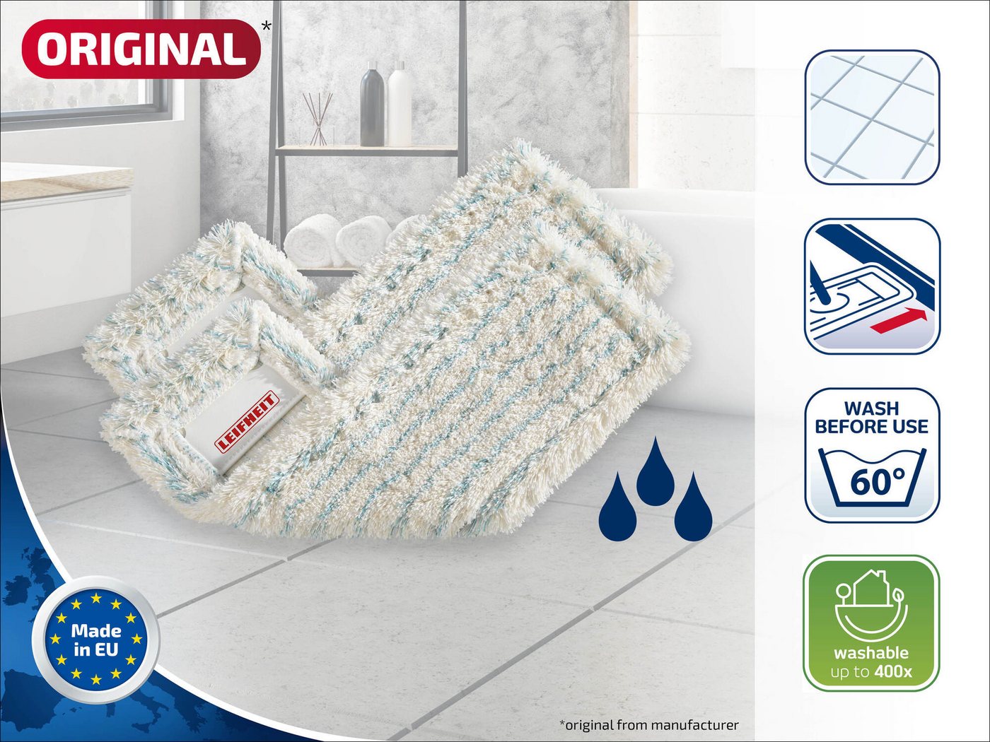 Leifheit Bundle Wischbezug Profi XL cotton plus (2er Set) Wischbezug (Kunstfaser,Baumwolle, 16.0x48.0 cm, 2-tlg., Waschbar bei 60°C, Wischbreite 42cm, für Stein – Bild 3 von 5