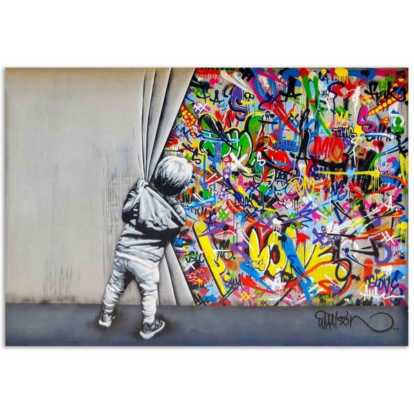 Leinwando Leinwandbild Banksy junge hinter dem Vorhang / Graffiti Bilder zum Aufhängen