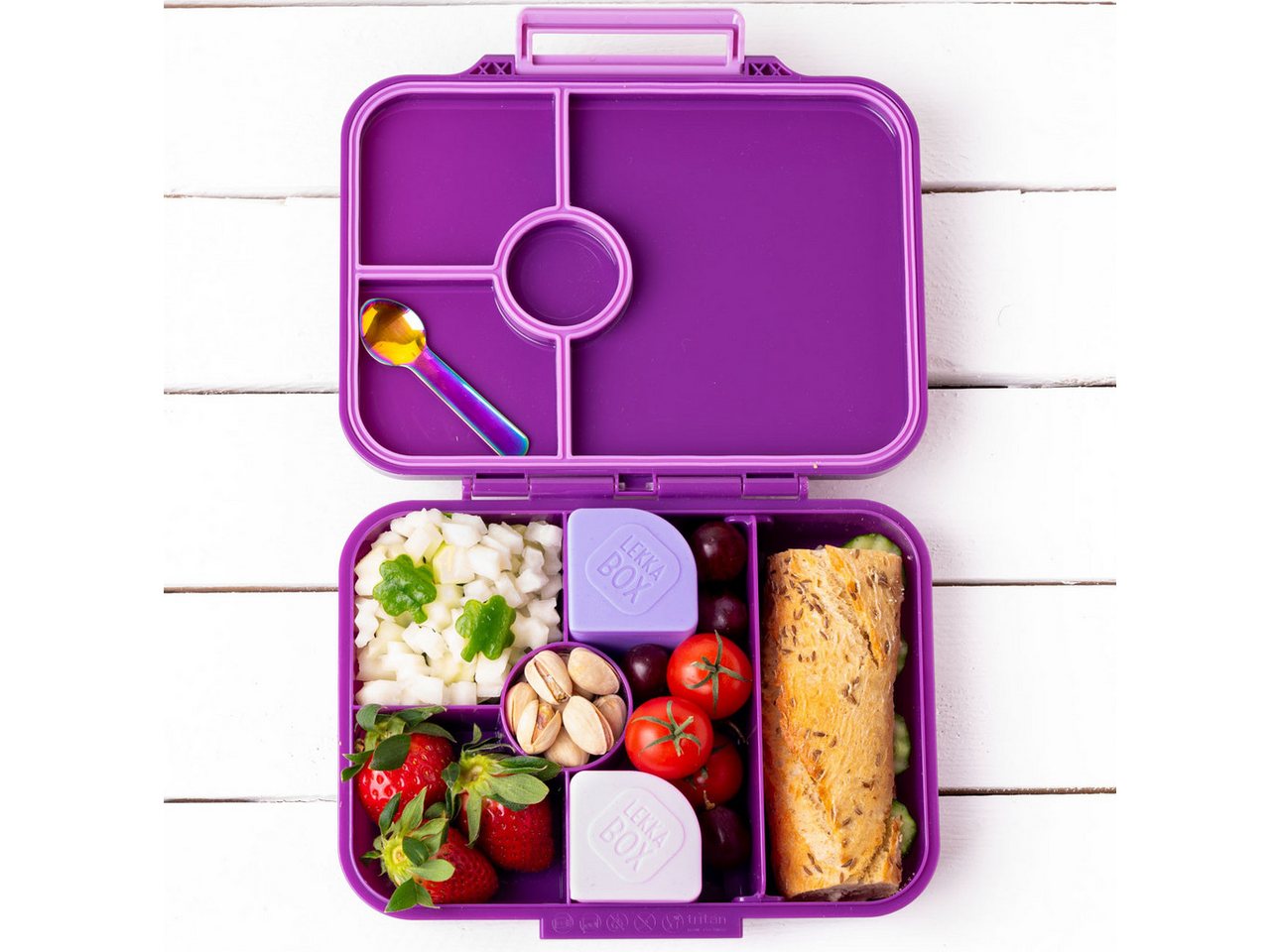 LEKKABOX Lunchbox Bentobox Brotdose, 4 Fächer - Kinder Vesperdose Brotbüchse Brotbox, Für feuchte Lebensmittel auslaufsicher, inkl. extra Trenner – Bild 5 von 5