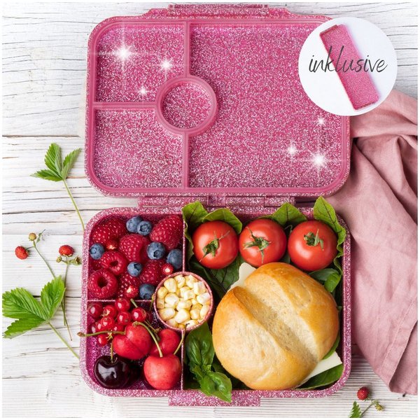 LEKKABOX Lunchbox Glitzer Brotdose, 4 Fächer - Kinder Bento Box Vesperdose Brotbox, Für feuchte Lebensmittel auslaufsichere Bento Box, inkl. extra Trenner
