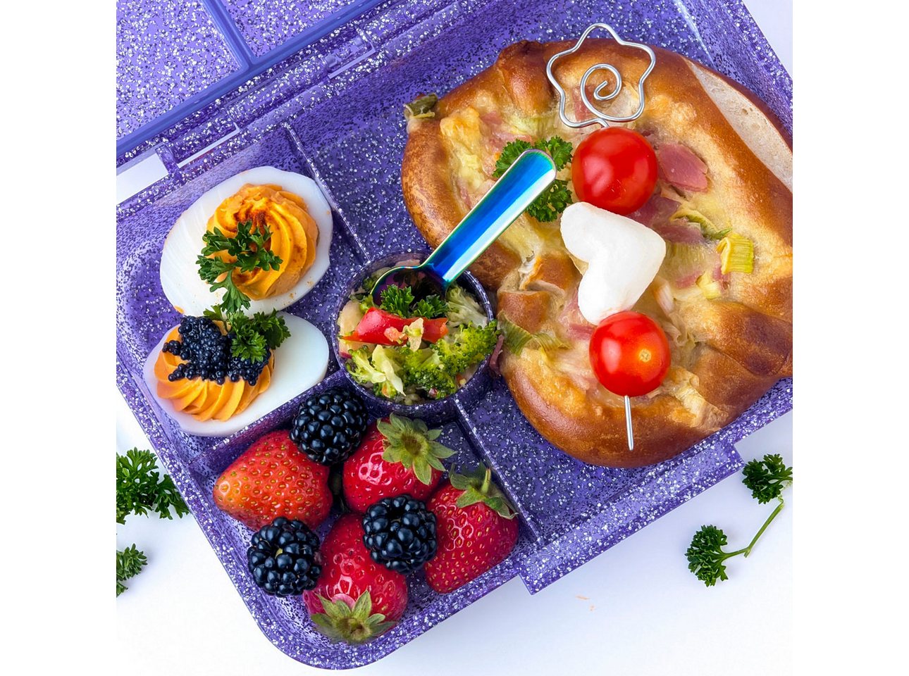 LEKKABOX Lunchbox Glitzer Brotdose, 4 Fächer - Kinder Bento Box Vesperdose Brotbox, Für feuchte Lebensmittel auslaufsichere Bento Box, inkl. extra Trenner – Bild 5 von 5