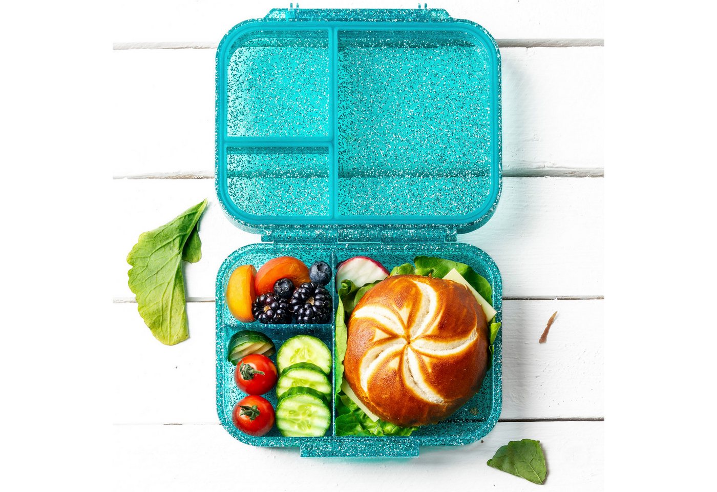 LEKKABOX Lunchbox Mini Glitzer Brotdose, 3 Fächer - Kinder Bento Box Vesperdose Brotbox, Für feuchte Lebensmittel auslaufsichere Bento Box, inkl. extra Trenner – Bild 2 von 5