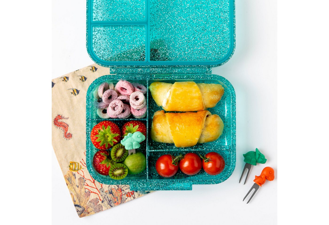 LEKKABOX Lunchbox Mini Glitzer Brotdose, 3 Fächer - Kinder Bento Box Vesperdose Brotbox, Für feuchte Lebensmittel auslaufsichere Bento Box, inkl. extra Trenner – Bild 3 von 5