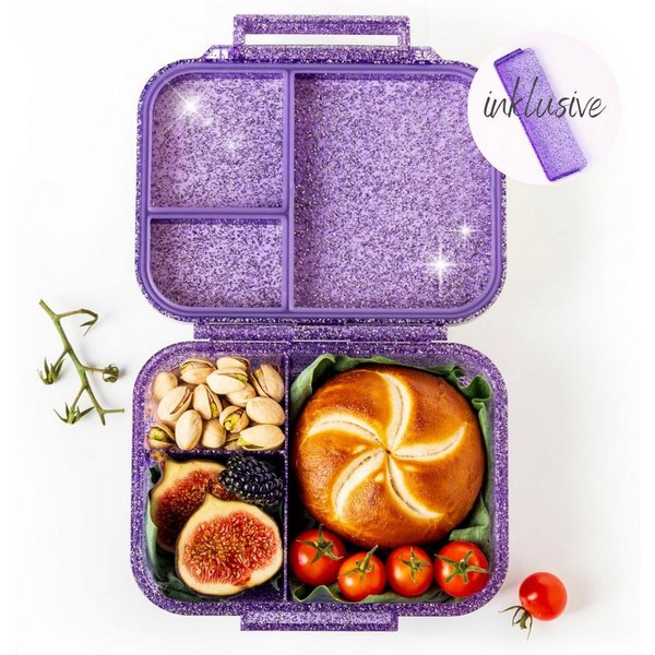 LEKKABOX Lunchbox Mini Glitzer Brotdose, 3 Fächer - Kinder Bento Box Vesperdose Brotbox, Für feuchte Lebensmittel auslaufsichere Bento Box, inkl. extra Trenner