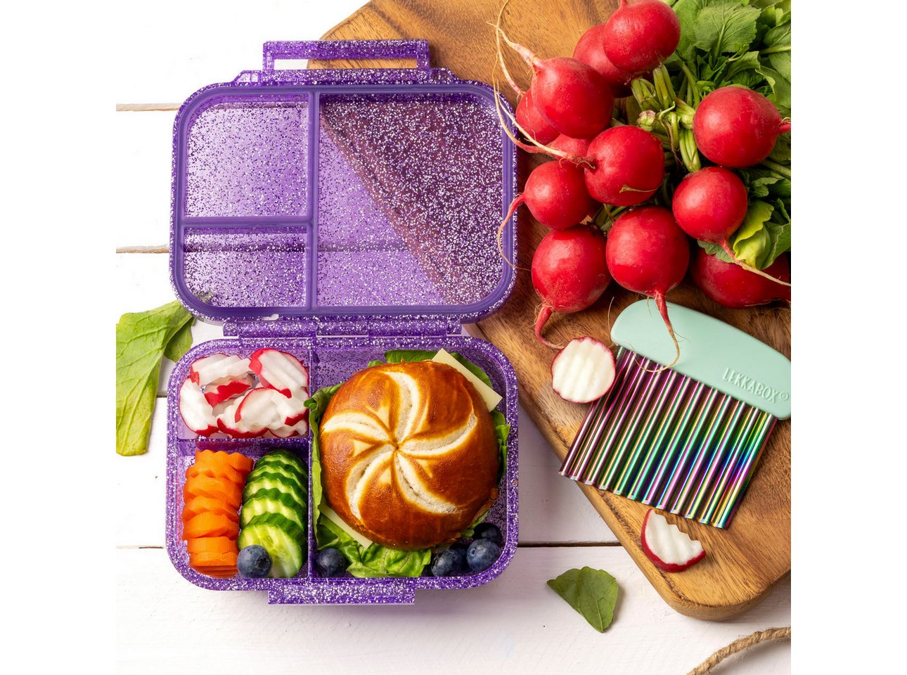 LEKKABOX Lunchbox Mini Glitzer Brotdose, 3 Fächer - Kinder Bento Box Vesperdose Brotbox, Für feuchte Lebensmittel auslaufsichere Bento Box, inkl. extra Trenner – Bild 2 von 5