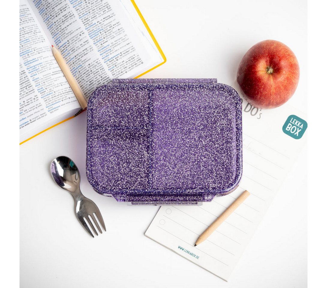 LEKKABOX Lunchbox Mini Glitzer Brotdose, 3 Fächer - Kinder Bento Box Vesperdose Brotbox, Für feuchte Lebensmittel auslaufsichere Bento Box, inkl. extra Trenner – Bild 5 von 5