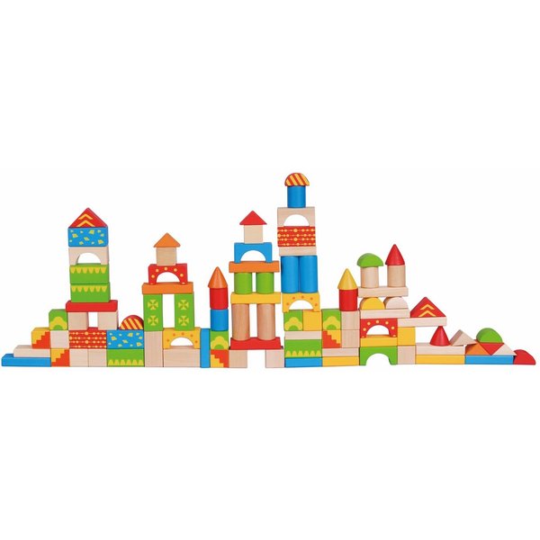 Lelin 10084 - 100 bunte Holzbausteine in diversen Formen Spielbausteine