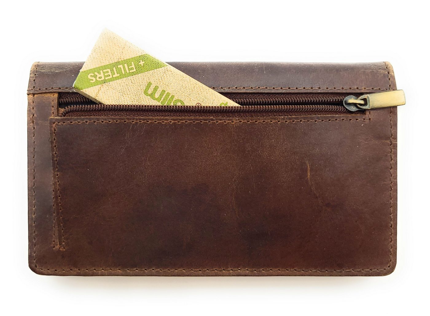 Lemasi Tabakbeutel echt Leder Tabaktasche Drehertasche Tabaketui, Komfortgröße, Blättchenfach, Filterfach, Tabakfach, Reißverschlussfächer – Bild 2 von 5