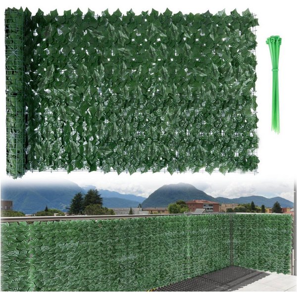 LEMLIT Balkonsichtschutz 1×3 m Kunsthecken-Sichtschutz, Efeu Hecke Windschutz für Balkon (1er Set, 1-St., mit Kabelbindern montierbar) Luftdurchlässige Rückseit