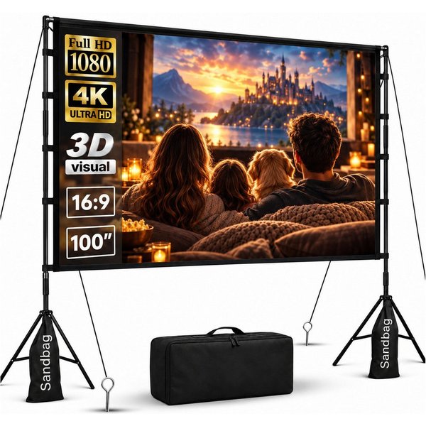 LEMLIT Beamer Leinwand 100/120 Zoll mit Stativ, Outdoor Projektorleinwand Stativleinwand (16:9 4K HD Faltbare leinwand Beamer mit Tragetasch für Heimkino)
