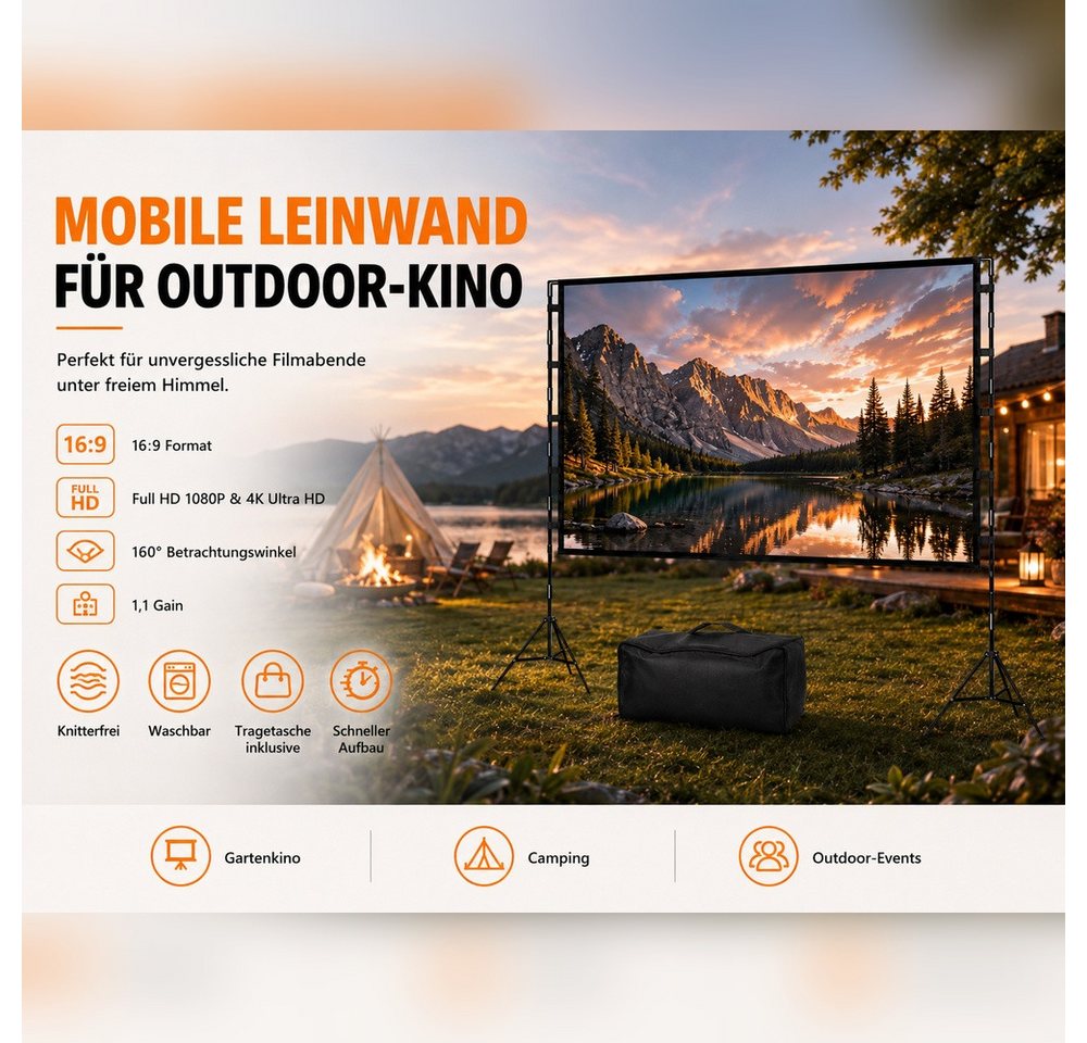 LEMLIT Beamer Leinwand 100/120 Zoll mit Stativ, Outdoor Projektorleinwand Stativleinwand (16:9 4K HD Faltbare leinwand Beamer mit Tragetasch für Heimkino) – Bild 3 von 5