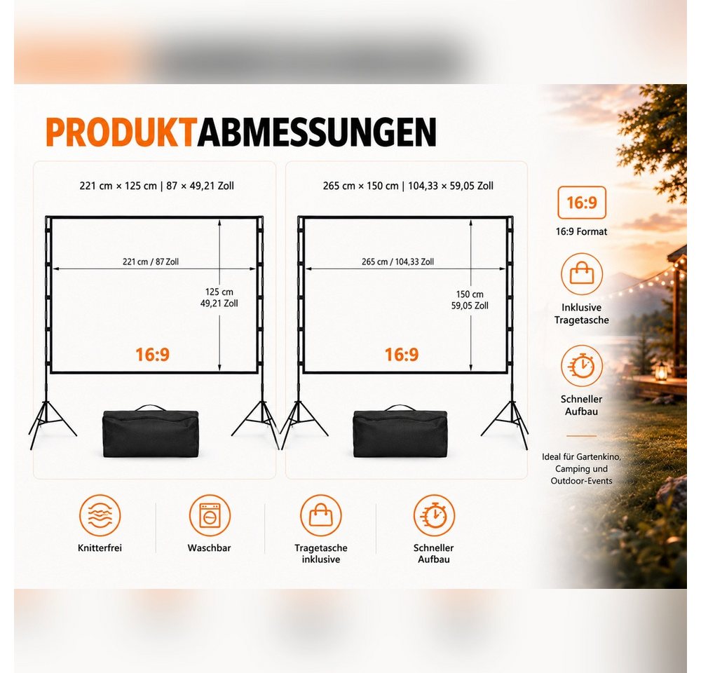 LEMLIT Beamer Leinwand 100/120 Zoll mit Stativ, Outdoor Projektorleinwand Stativleinwand (16:9 4K HD Faltbare leinwand Beamer mit Tragetasch für Heimkino) – Bild 5 von 5
