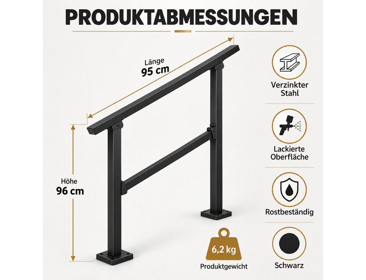 LEMLIT Brüstungsgeländer Treppengeländer Außen 95 cm, Handlauf Für 3 Stufen, Schwarz, 95 cm Länge, 96 cm Höhe, 1er Set, 1-tlg., Treppenhandlauf / Treppengelände – Bild 2 von 5