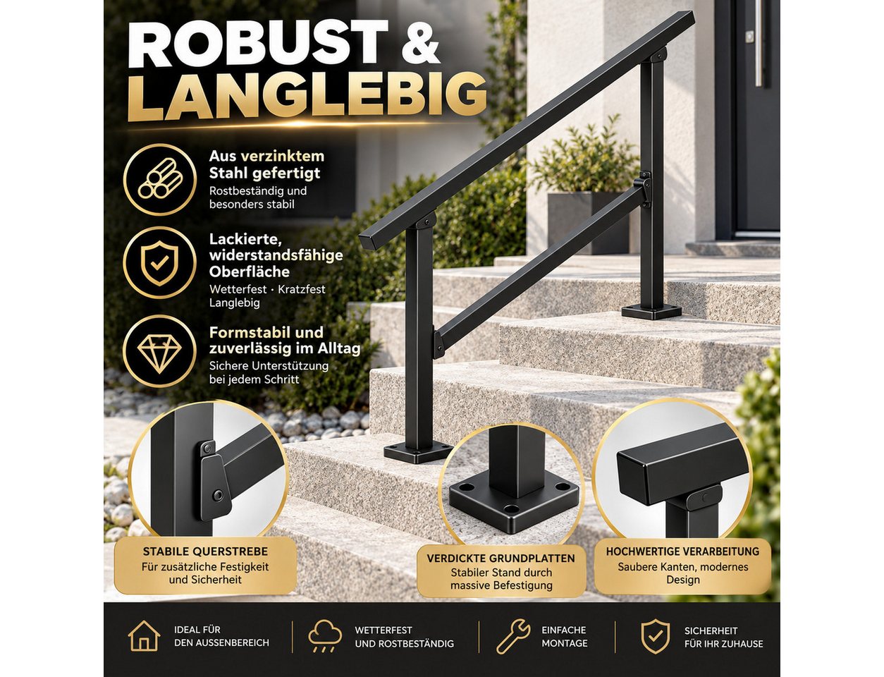 LEMLIT Brüstungsgeländer Treppengeländer Außen 95 cm, Handlauf Für 3 Stufen, Schwarz, 95 cm Länge, 96 cm Höhe, 1er Set, 1-tlg., Treppenhandlauf / Treppengelände – Bild 3 von 5