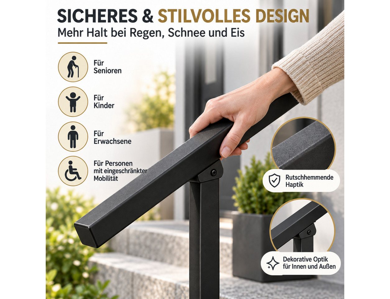 LEMLIT Brüstungsgeländer Treppengeländer Außen 95 cm, Handlauf Für 3 Stufen, Schwarz, 95 cm Länge, 96 cm Höhe, 1er Set, 1-tlg., Treppenhandlauf / Treppengelände – Bild 4 von 5